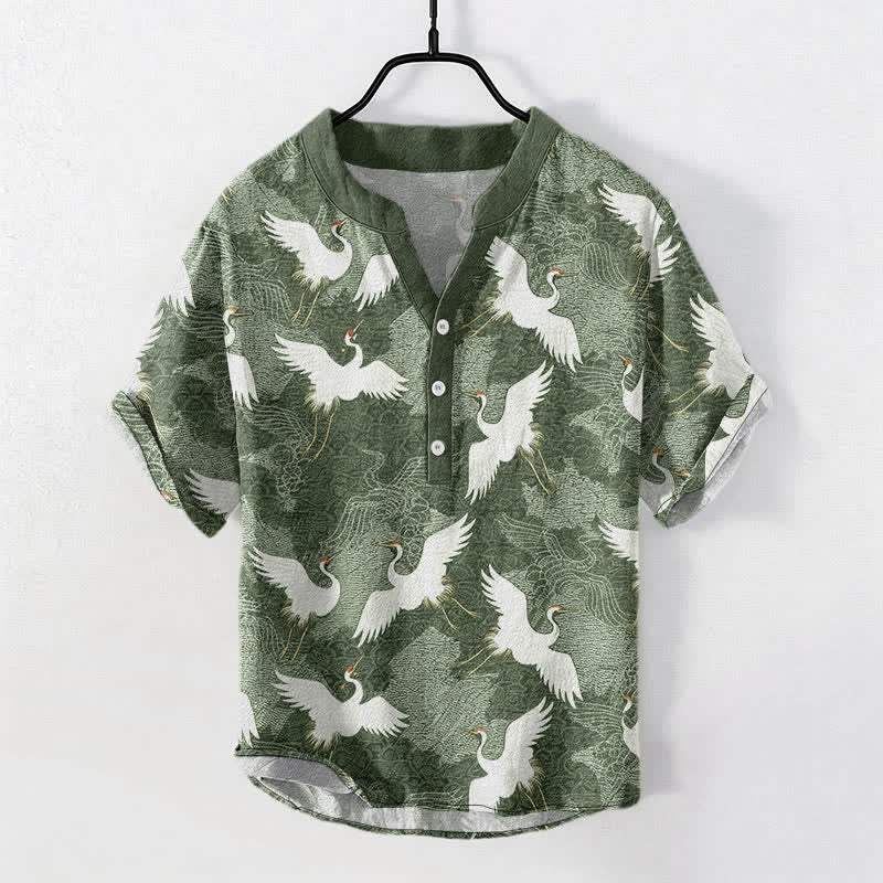 Buddha Stones Crane Short Sleeve Men's Shirt Resort Casual