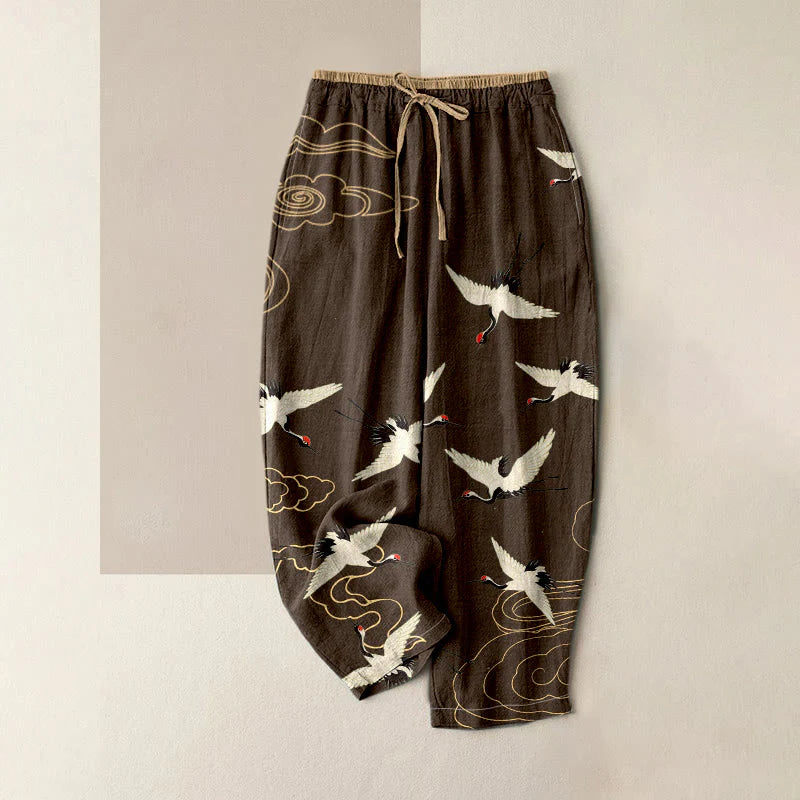 Buddha Stones Pure Cotton Crane Cloud Pattern Women's Elastic Waist Pants With Pockets