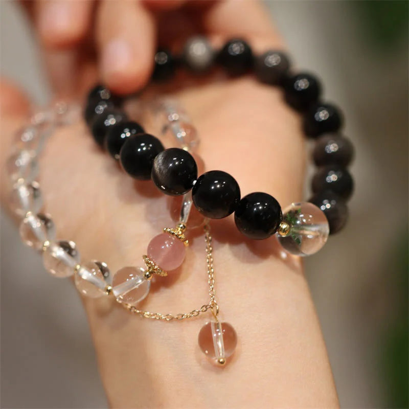 Buddha Stones Natural Silver Sheen Obsidian Pink Crystal White Crystal Protection Yin Yang Color Couple Bracelet