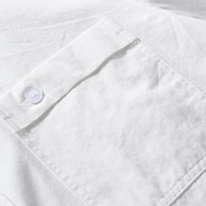 Buddha Stones Casual Solid Buttons Down Decorative Pocket Men's Stand Collar Long Sleeve Cotton Shirt