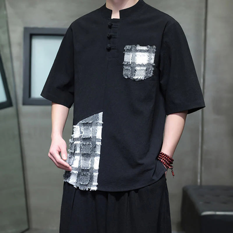 Buddha Stones Summer Vintage Color Contrast Patchwork Design Stand Collar Men's Half Sleeve Cotton Shirt With Pocket