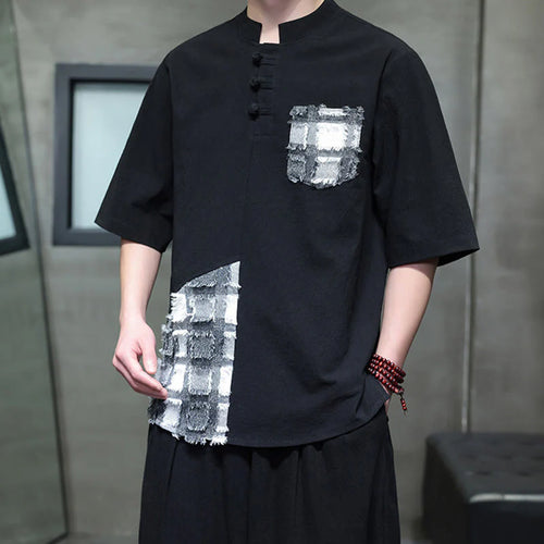 Buddha Stones Summer Vintage Color Contrast Patchwork Design Stand Collar Men's Half Sleeve Cotton Shirt With Pocket