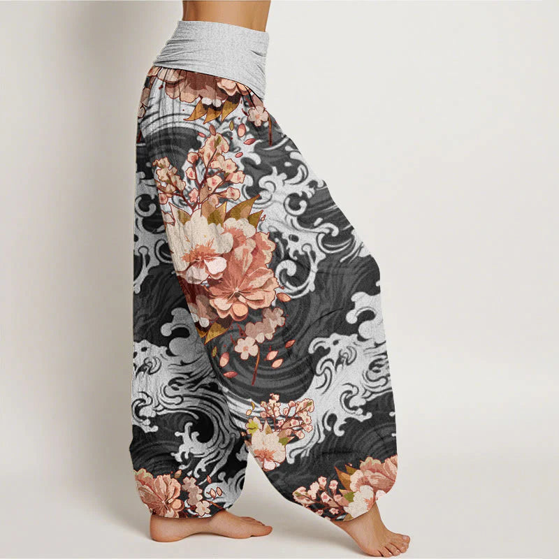Buddha Stones Cotton Casual Wave And Floral Pattern Women's Elastic Waist Harem Pants