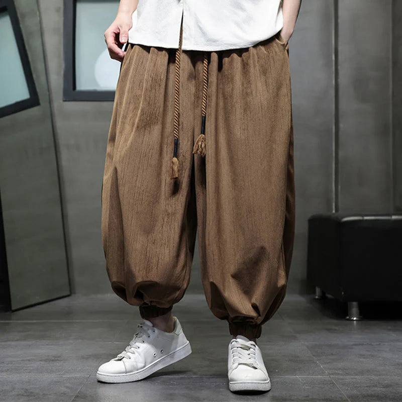 Buddha Stones Casual Daily Pure Color Drawstring Design Men's Harem Pants With Pockets