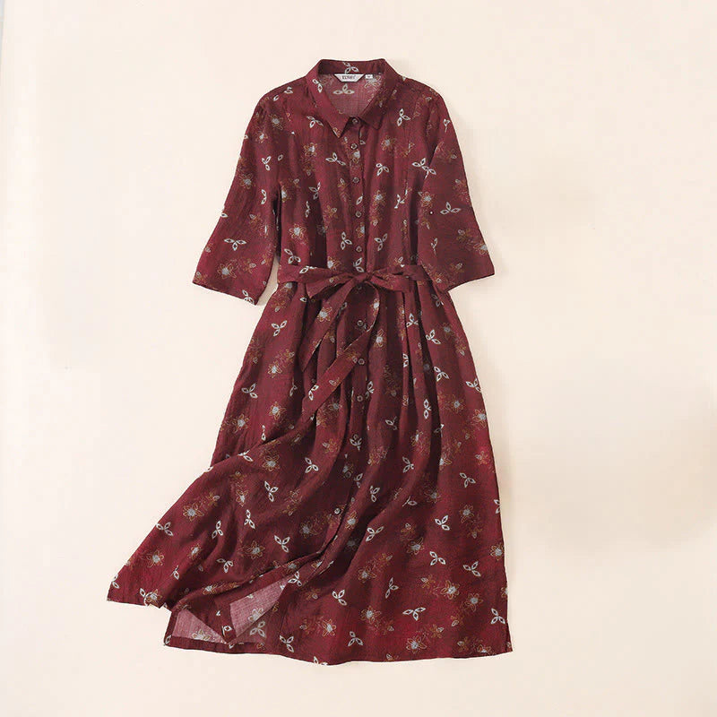 Buddha Stones Summer Printing Floral Button Lace-Up Design Half Sleeve Midi Dress With Pockets