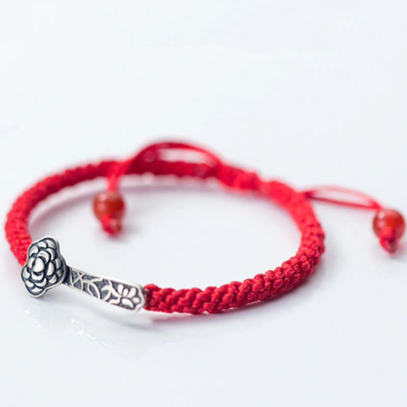 Buddha Stones Retro 925 Sterling Silver Ruyi As One Wishes Red String Braided Luck Bracelet