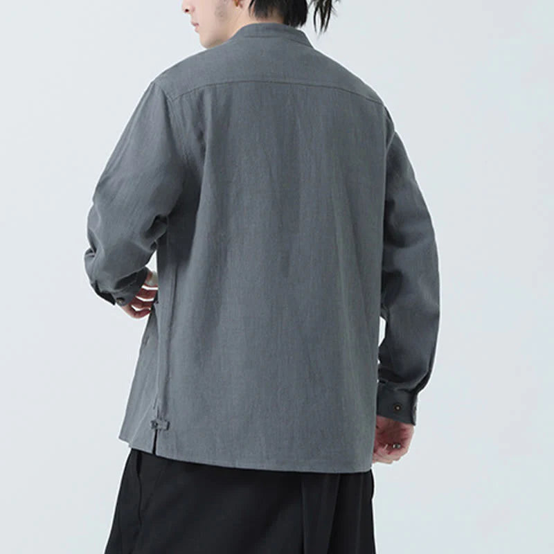 Buddha Stones Men's Button Ramie Linen Cotton Fleece Lined Jacket Shirt With Pockets