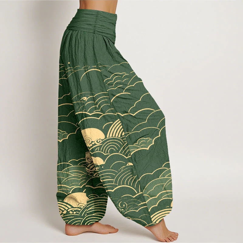 Buddha Stones Cotton Classical Clouds Spiral Pattern Women's Elastic Waist Harem Pants