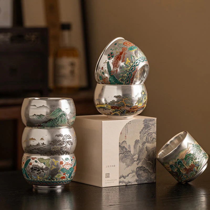 Buddha Stones Fish Lotus Seaweed Valley Mountains Pine Tree Dragon Teacup Kung Fu Tea Cup With Gift Box