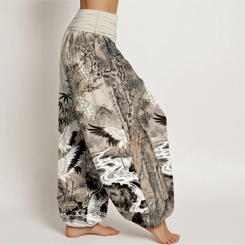 Buddha Stones Pure Cotton Red-crowned Crane Stream Pattern Women's Elastic Waist Harem Pants
