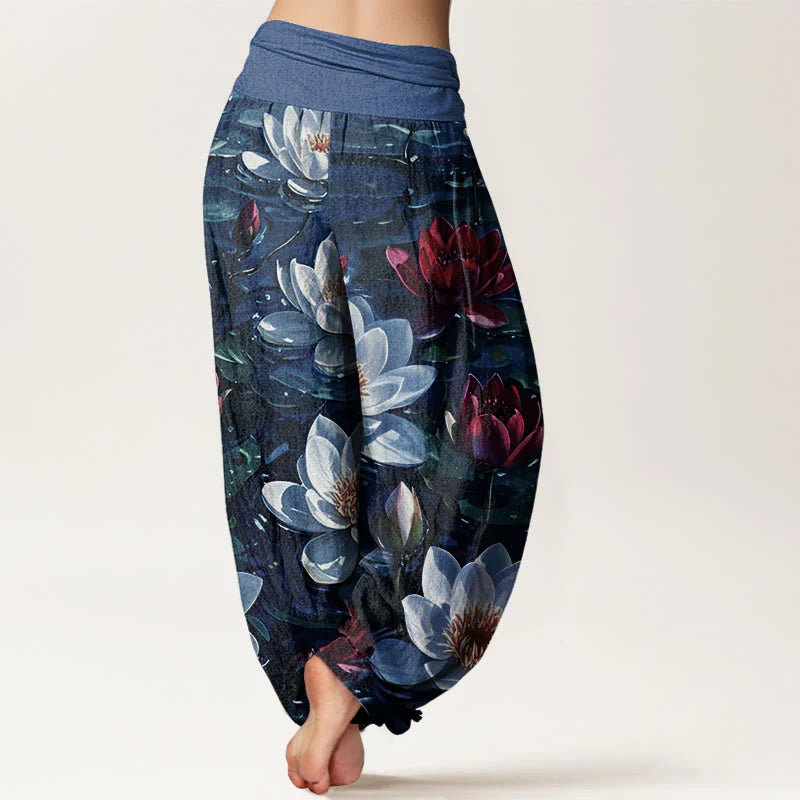 Buddha Stones Cotton Casual Blooming Red Lotus Flower Pattern Women's Elastic Waist Harem Pants