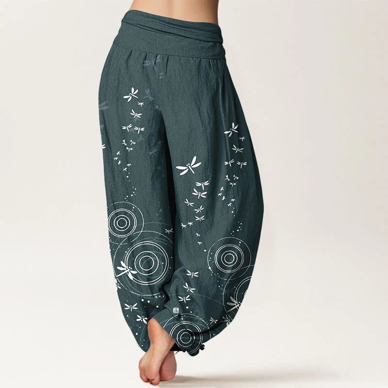 Buddha Stones Pure Cotton Circular Lines Dragonfly Women's Elastic Waist Harem Pants