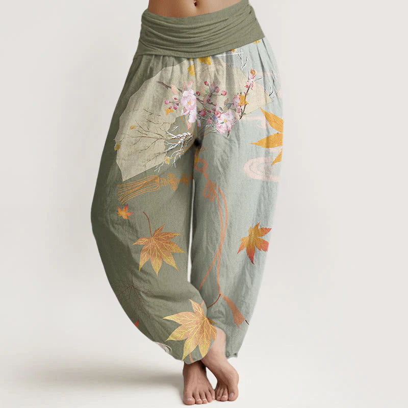 Buddha Stones Cotton Casual Folding Fan Flowers Maple Leaves Cloud Pattern Women's Elastic Waist Harem Pants