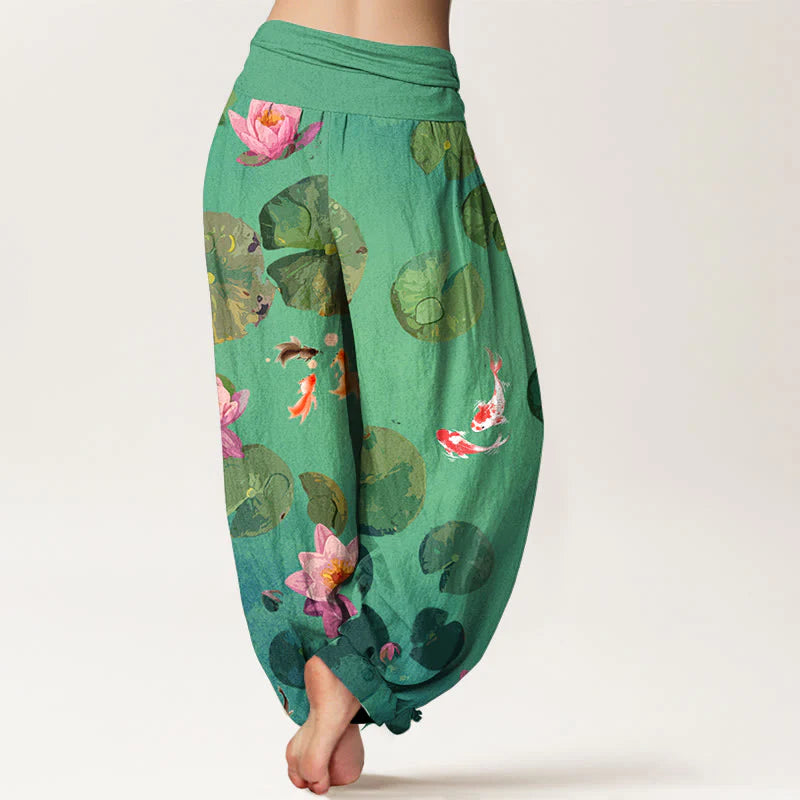 Buddha Stones Print Koi Fish Lotus Flowers Pattern Women's Elastic Waist Harem Pure Cotton Pants