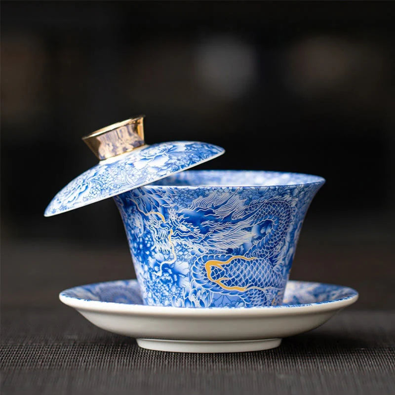 Buddha Stones Thangka Dragon Buddhas Dunhuang Ceramic Gaiwan Sancai Kung Fu Tea Cup And Saucer With Lid Gift Box 180ml