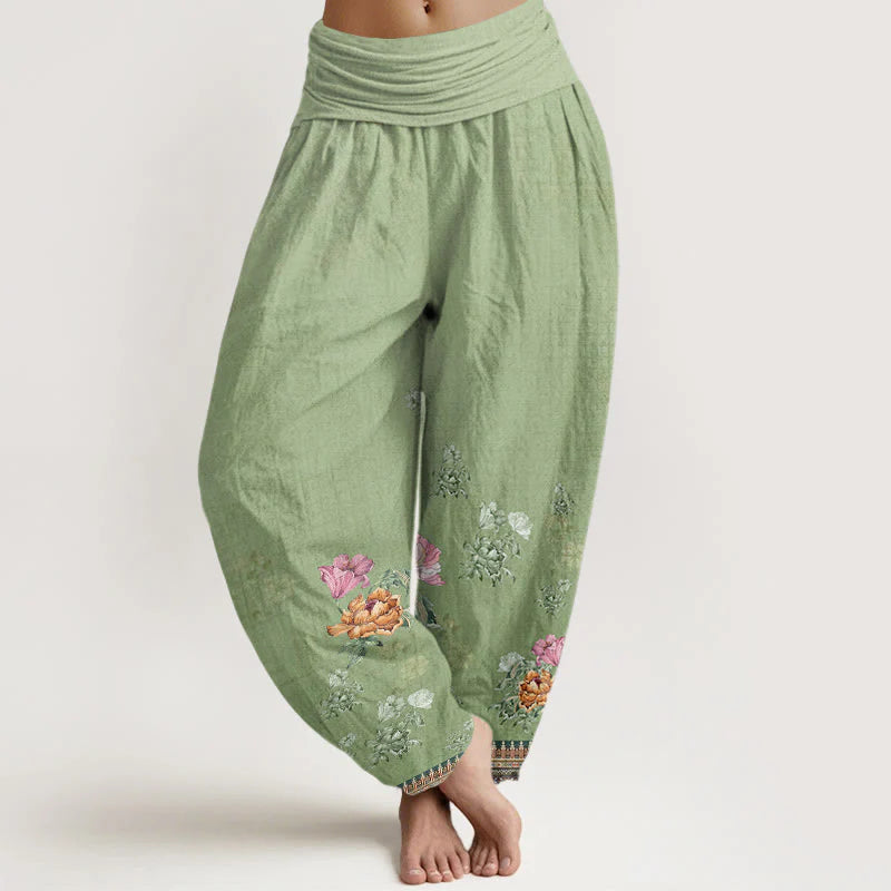 Buddha Stones Cotton Casual Plant Peony Petals Pattern Women's Elastic Waist Harem Pants