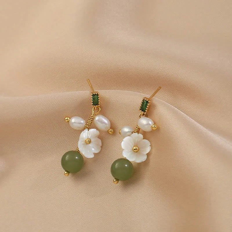 Buddha Stones Hetian Jade Pearl Bead Flower Prosperity Abundance Earrings