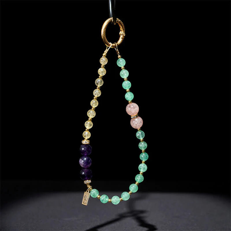 Buddha Stones Green Strawberry Quartz Citrine Queen Charm Calm Key Chain Phone Hanging Decoration