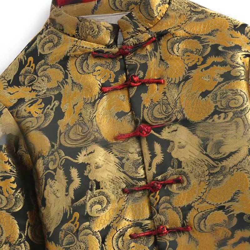 Buddha Stones Winter Dragon Jacquard Warm Frog-Button Long Sleeve Men's Jacket With Pockets