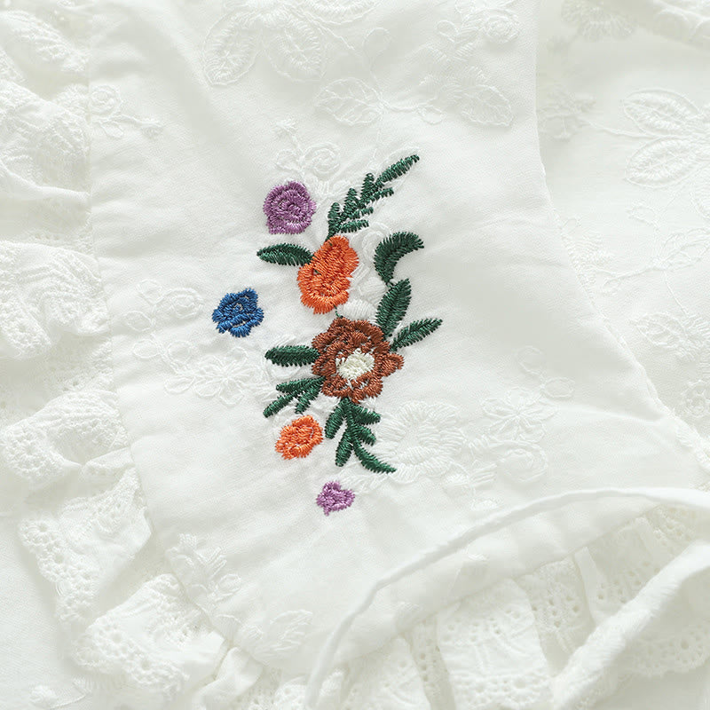 Buddha Stones Fall White Floral Embroidery Peter Pan Collar Buttons Women's Cotton Long Sleeve Shirt