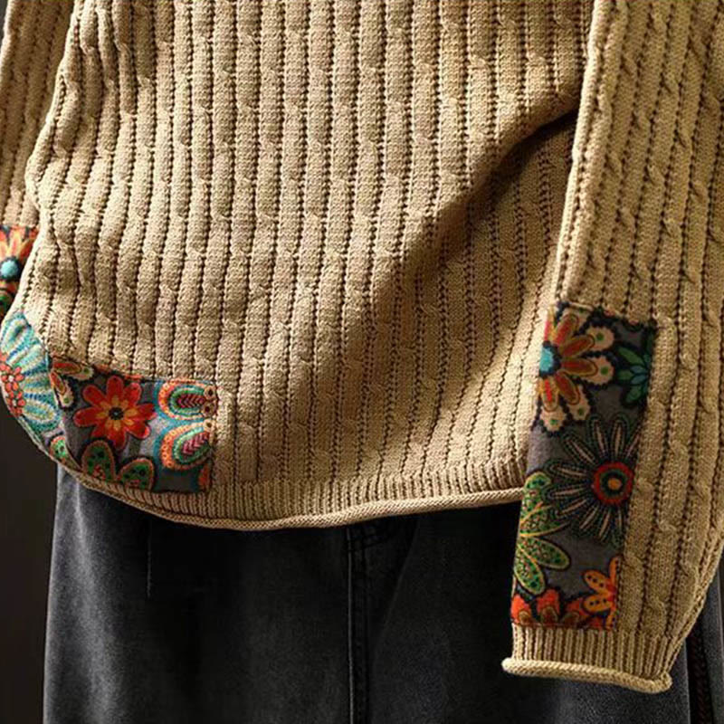 Buddha Stones Winter Patchwork Design Long Sleeve Crew Neck Women's Cotton Sweater