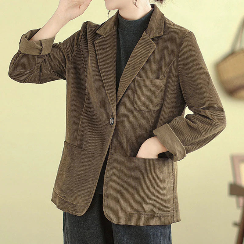 Buddha Stones Retro Plain Women's Long Sleeve Corduroy Jacket With Pockets