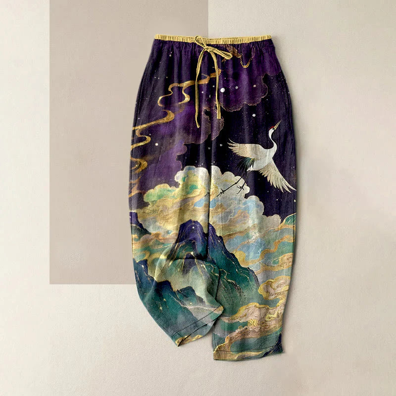 Buddha Stones Pure Cotton Crane Cloud Mountain Pattern Women's Elastic Waist Pants With Pockets