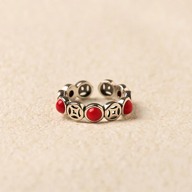 Buddha Stones Jade South Red Agate Copper Coin Prosperity Luck Open Ring