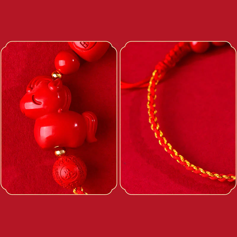 Buddha Stones Year of the Horse Natural Cinnabar Fu Character Lucky Bag Blessing Bracelet