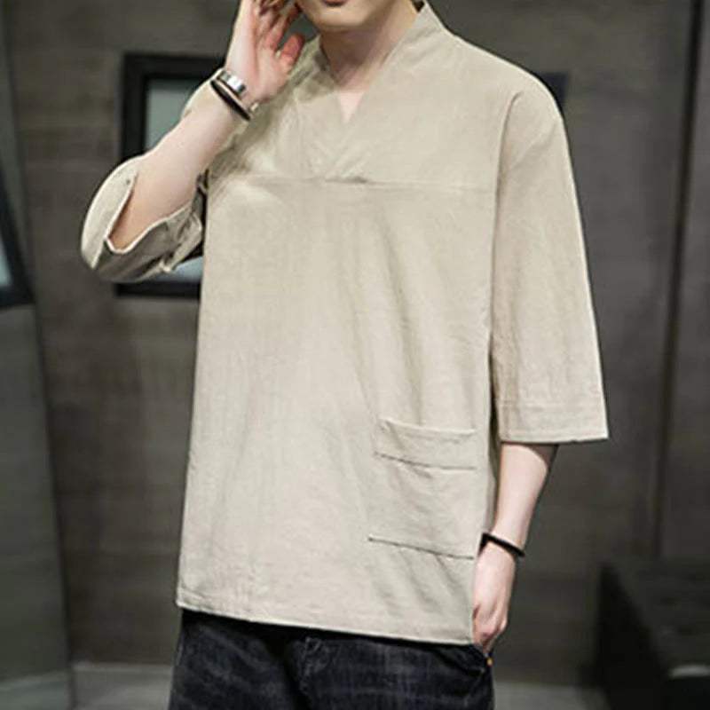Buddha Stones Summer Casual Simple V-Neck Design Men's Cotton Linen Three Quarter Sleeve T-Shirt With Front Pocket