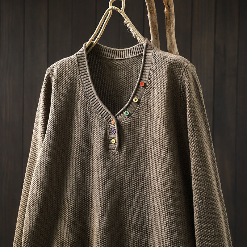 Buddha Stones Fall Colorful Buttons V-Neck Cotton Women's Long Sleeve Knitted Sweater