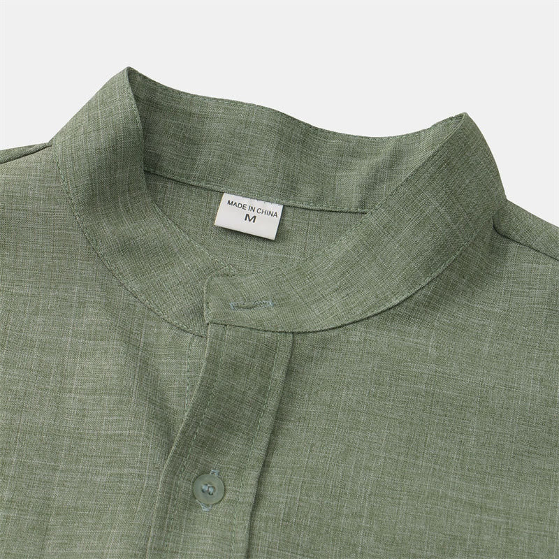 Buddha Stones Summer Men's Button Plain Short Sleeve Cotton Shirt With Pocket