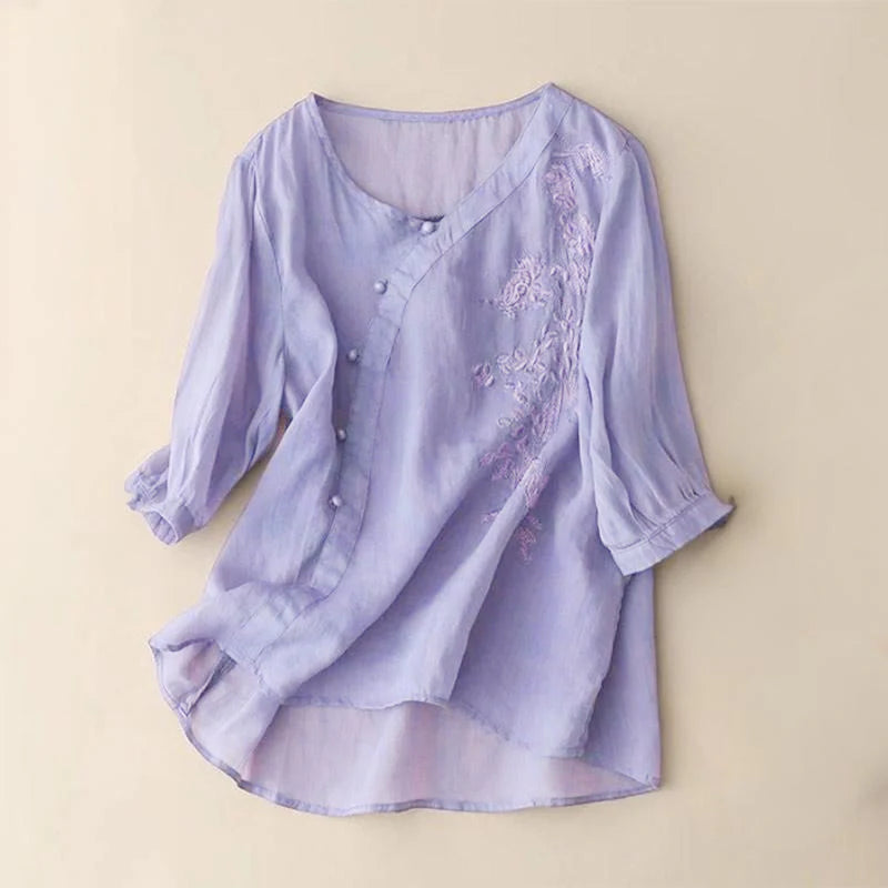 Buddha Stones Casual Loose Flower Embroidery Frog Button Short Sleeve Women's Shirt