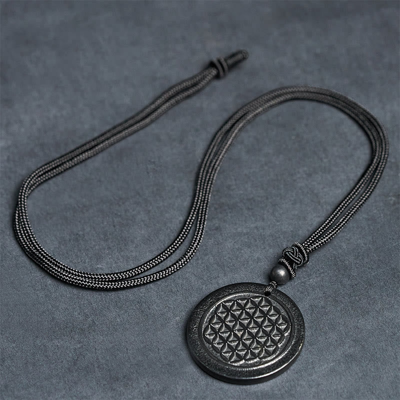Buddha Stones Flower of Life Carving Design Authentic Shungite Stone Protection Necklace Pendant