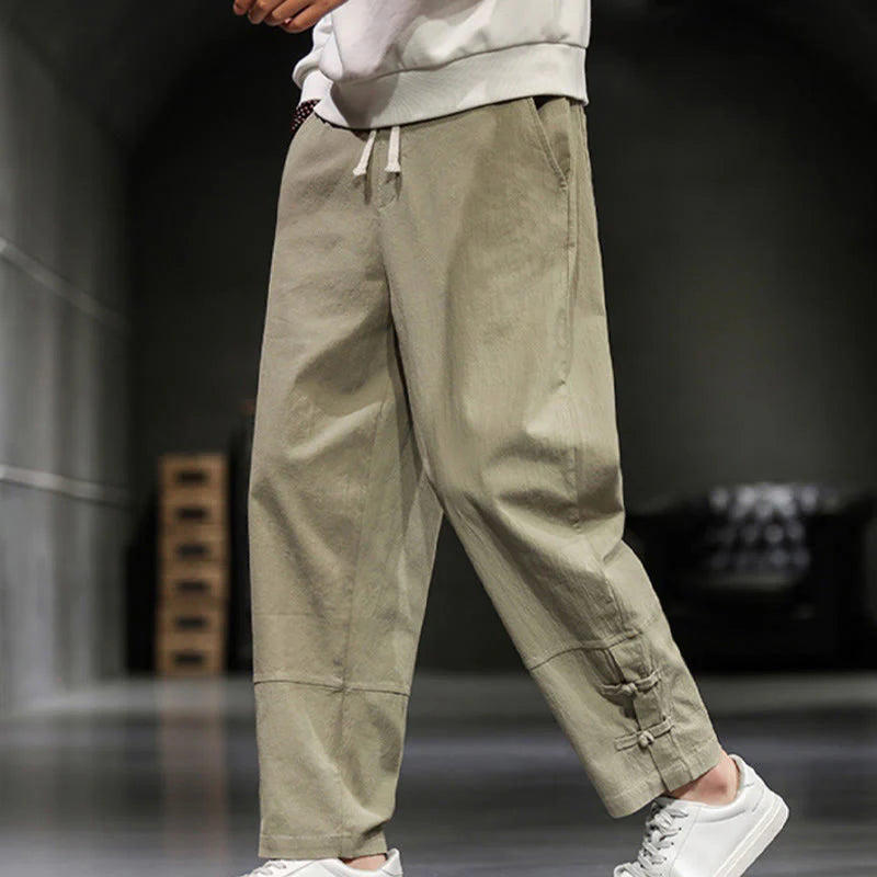 Buddha Stones Drawstring Elastic Waist Frog-Button Ankle-Length Men's Cotton Pants With Pockets