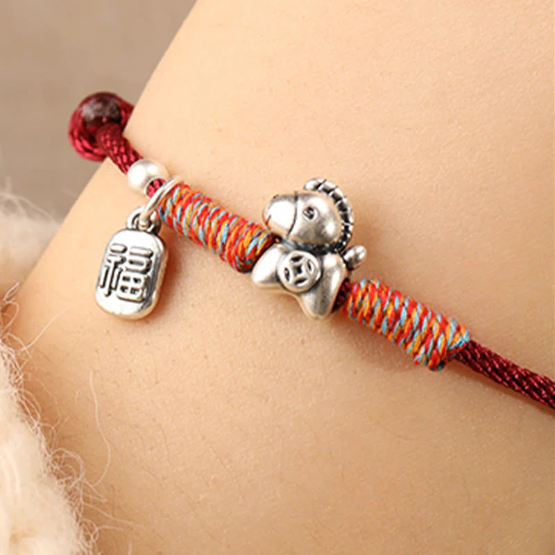 Buddha Stones 999 Sterling Silver Year Of The Horse Fu Character Charm String Braided Luck Bracelet