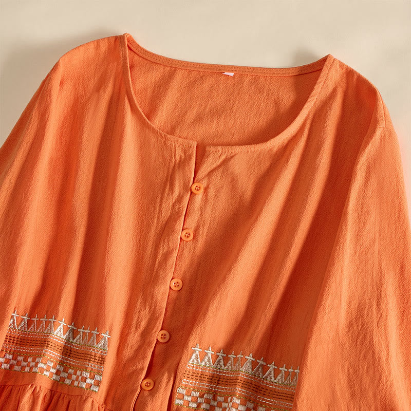 Buddha Stones Embroidery Geometry Half Sleeve Women's Midi Dress With Pockets