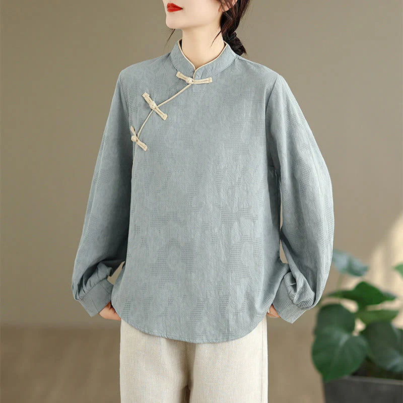 Buddha Stones Spring Traditional Floral Frog-Button Stand Collar Long Sleeve Women's Cotton Shirt