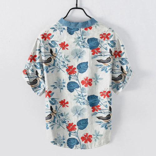 Buddha Stones Cotton Tropical Floral Bird Pattern Men's Short Sleeve Half Button Shirt