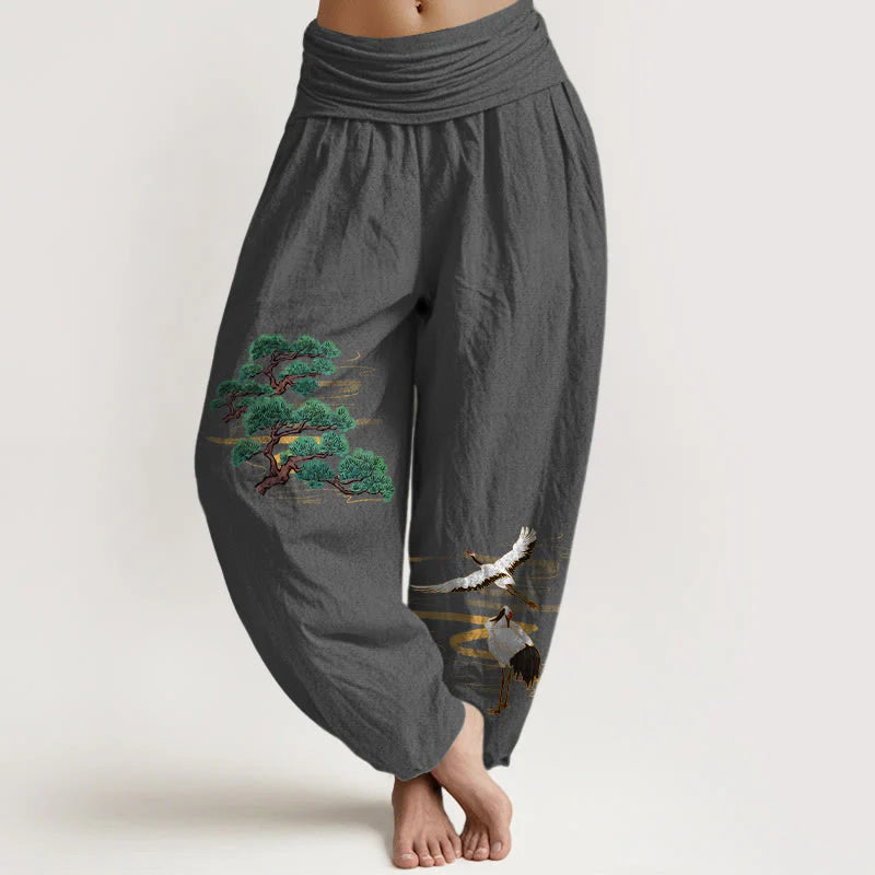 Buddha Stones Pure Cotton Elegant Colors Pine Tree Crane Pattern Women's Elastic Waist Harem Pants