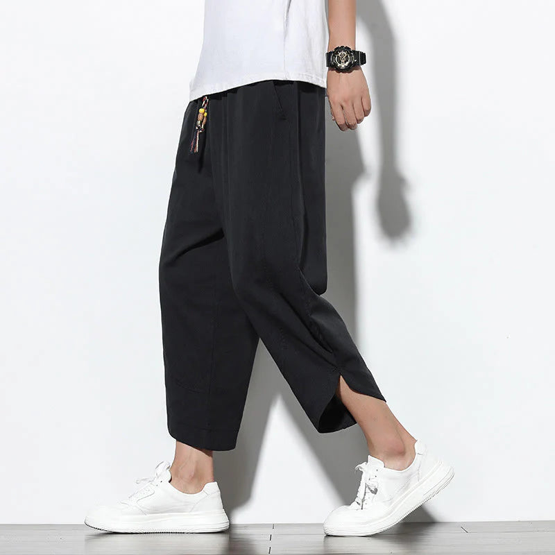 Buddha Stones Casual Summer Drawstring 7-8 Length Linen Men's Harem Pants With Pockets
