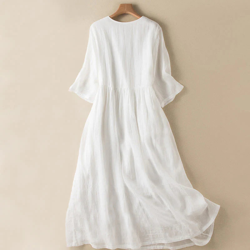 Buddha Stones Summer V-Neck Design Half Sleeve Cotton Midi Dress