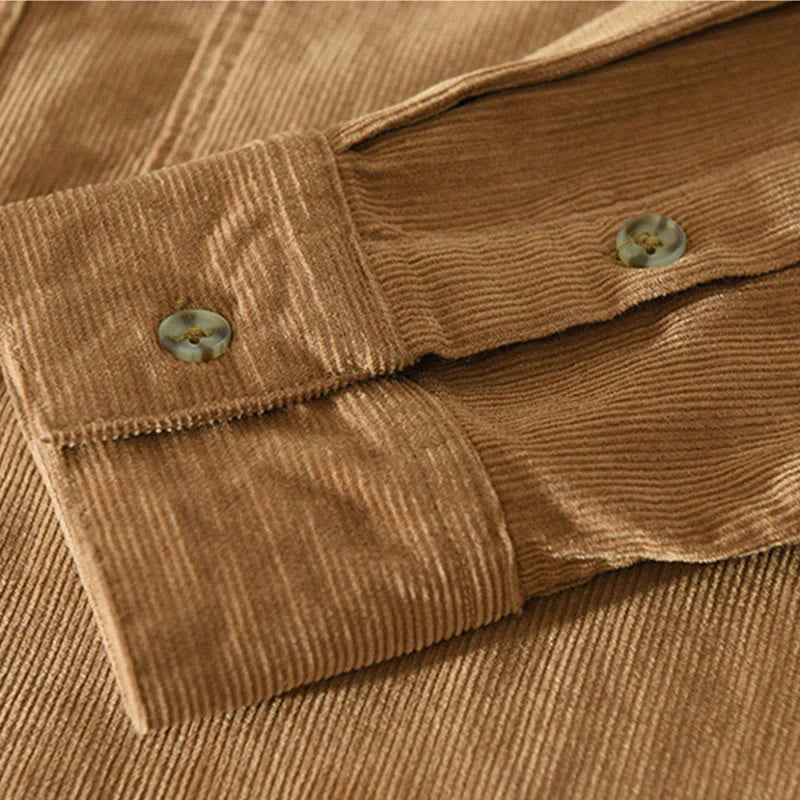 Buddha Stones Fall Decorative Pocket Buttons Down Stand Collar Long Sleeve Men's Cotton Corduroy Shirt