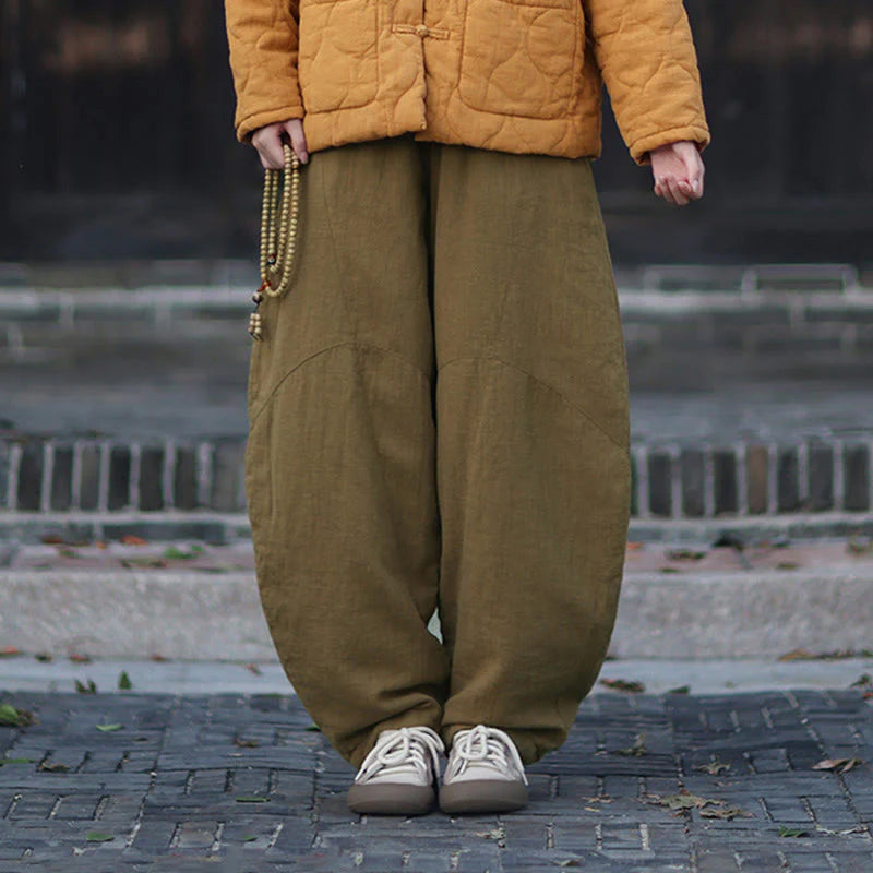 Buddha Stones Winter Elastic Waist Ramie Cotton Thermal Women's Pants With Pockets