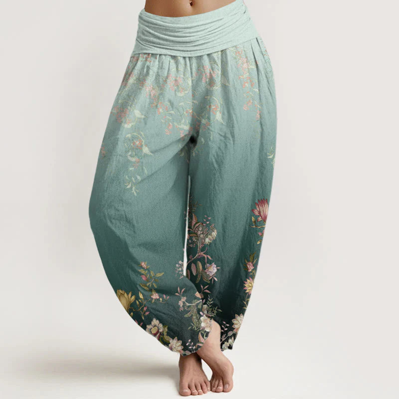 Buddha Stones Cotton Casual Gradient Delicate Floral Leaf Pattern Women's Elastic Waist Harem Pants
