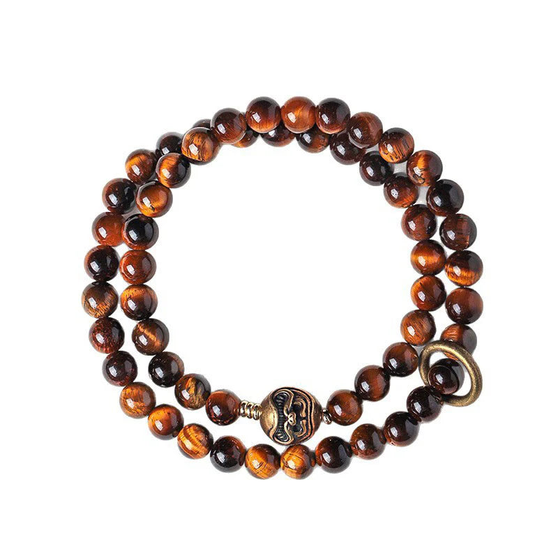 Buddha Stones Tibetan Black Obsidian Tiger Eye Copper Double Wrap Strength Bracelet