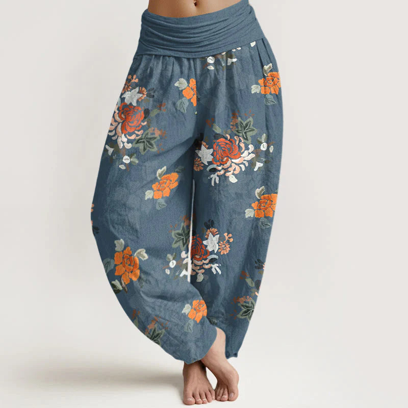 Buddha Stones Pure Cotton Vibrant Color Flowers Leaves Pattern Women's Elastic Waist Harem Pants
