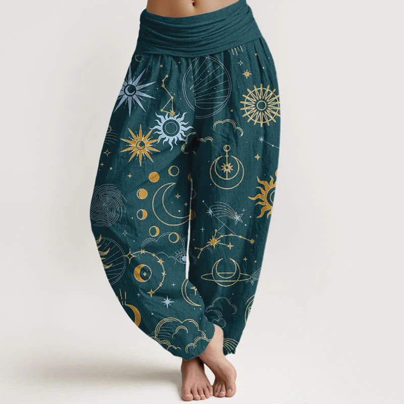 Buddha Stones Cotton Moon Sun Cloud Star Constellation Pattern Women's Elastic Waist Harem Pants