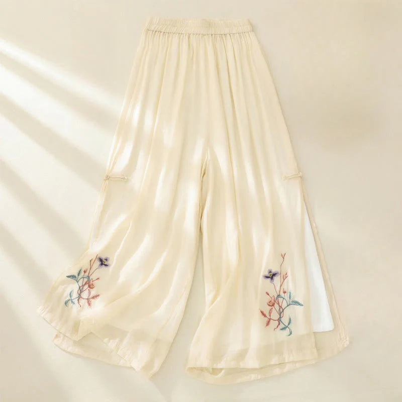 Buddha Stones Artistic Embroidery Flower Double Layer Chinese Frog Button Split Cotton Linen Women's Wide Leg Pants