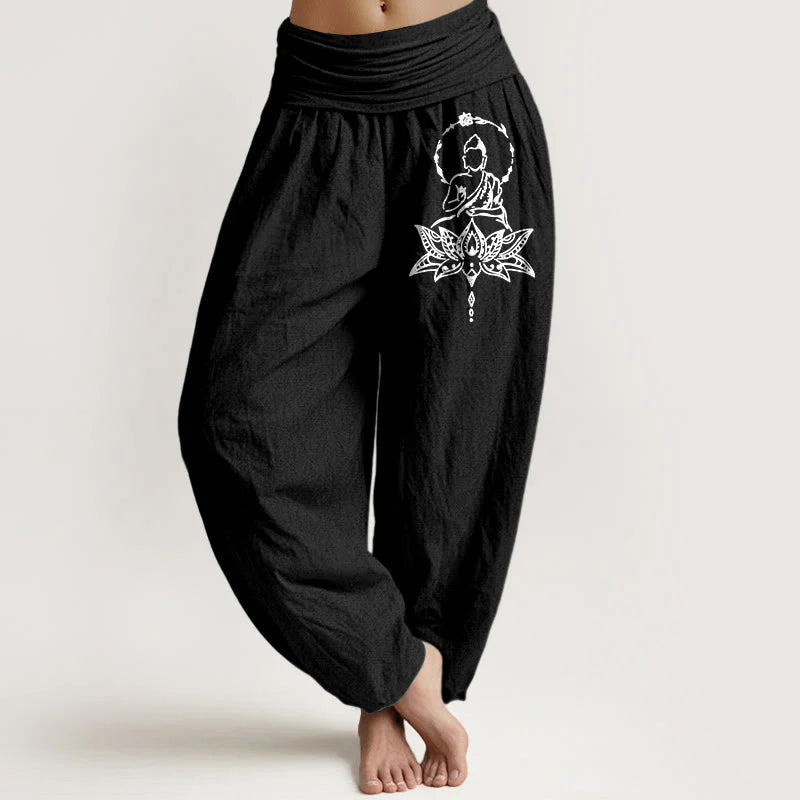 Buddha Stones Pure Cotton Concise Lotus Buddha Pattern Women's Elastic Waist Harem Pants